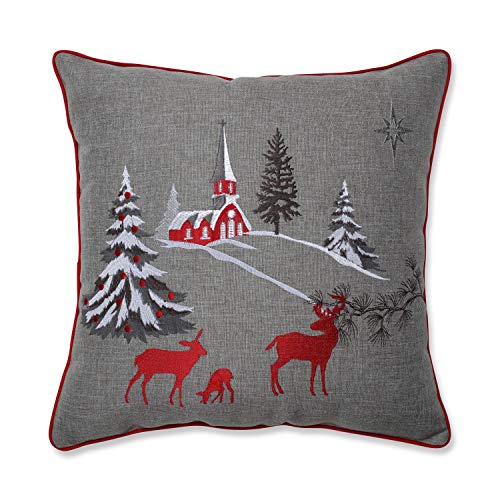 Pillow Perfect Christmas Scene Throw Pillow 16.5" Grey with Reindeer & Church