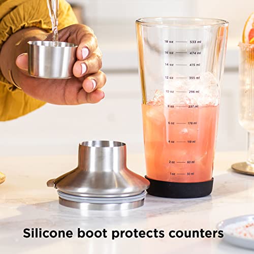 Rabbit 18 oz Glass Cocktail Shaker with Printed Measurements, Stainless Steel Topper & 1.5 oz Jigger Cap, 3.94 x 3.54 x 9.06 inches