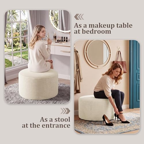 Round Corduroy Ottoman Footstool - 27.5-Inch Modern Padded Side Table
