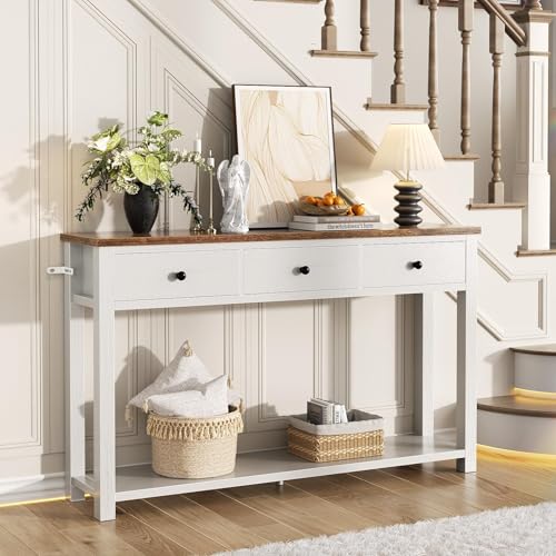 47-Inch Farmhouse Console Table with 3 Drawers and Storage Shelf
