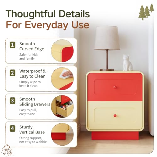 2-Drawer Kids Nightstand with Curved Edges, Red and Yellow Wooden Bedside Table