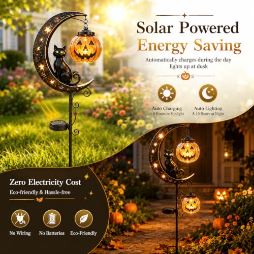 Solar Halloween Black Cat & Pumpkin Moon Outdoor Garden Stake Light