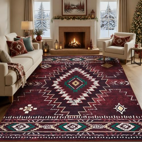 Yinhua Red 8x10 Western Area Rug for Living Room & Bedroom, Washable Christmas Decor