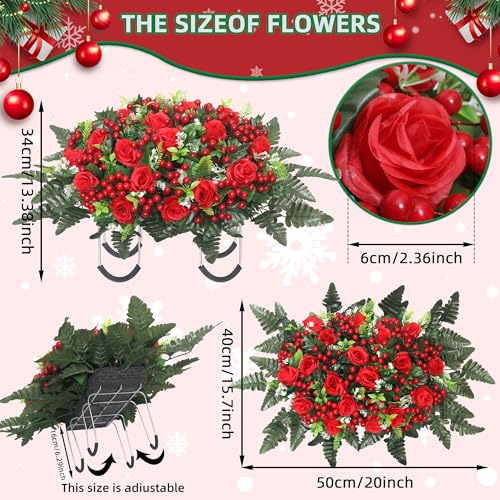 Christmas Cemetery Saddle Flowers 20in Roses & Red Berries for Headstones