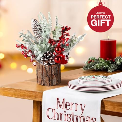 Hatisan Red Round Small Christmas Tree with Ornaments - Tabletop Indoor/Outdoor Decor