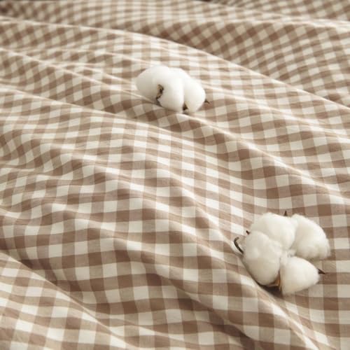 Queen Cotton Gingham Duvet Cover Set - Brown Tan Plaid Bedding with Ties