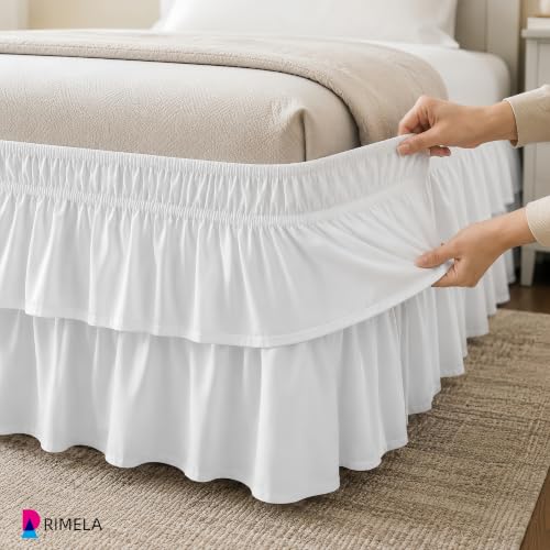 White Full Size Elastic Wrap Around Bed Skirt - 14 Inch Drop Double Ruffle