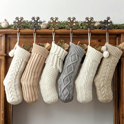 Pawliss White Gray Beige 18in Cable Knit Christmas Stockings (6 Pack) Farmhouse Rustic Personalised