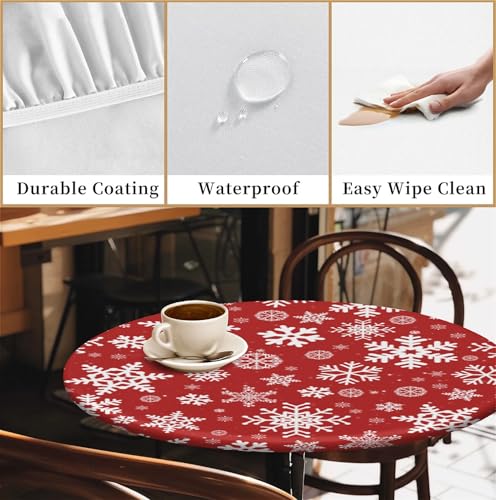 Yesad Christmas Snow Round Table Cover 60 Inch Fitted Elastic Tablecloth for Indoor Outdoor Holiday Events