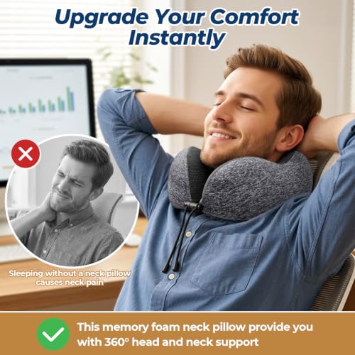 ExploreBliss Memory Foam Travel Neck Pillow Set with Eye Mask & Earplugs - Grey