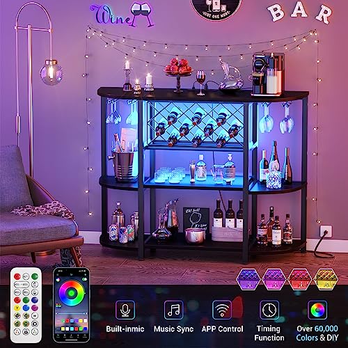 4-Tier Coffee Bar Cabinet with LED Lights, Power Outlets & Wine Storage