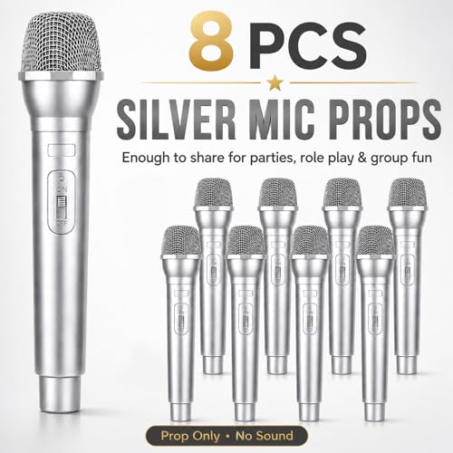 Facmogu 8-Pack Silver Fake Plastic Microphone Props for Halloween Party Stage