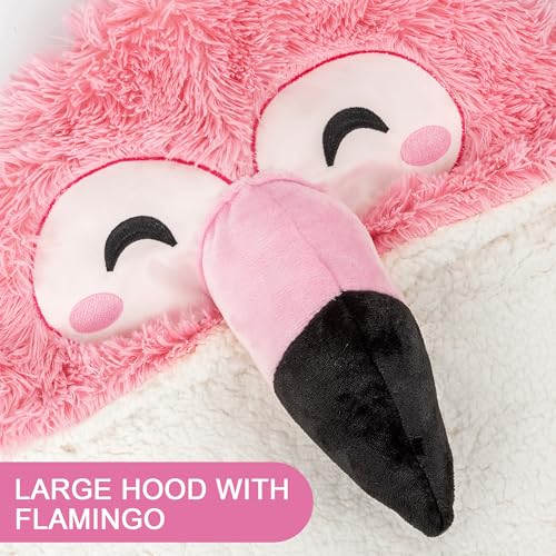 Happy Fuel Flamingo Wearable Hooded Blanket for Adults - Fluffy Furry Fleece & Sherpa Cozy Wrap