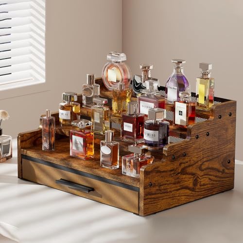 4-Tier Wooden Cologne Organizer with Drawer for Perfume and Grooming