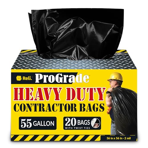 Heavy Duty 55 Gallon Contractor Trash Bags - 2 Mil Thick, Black (20 Count)