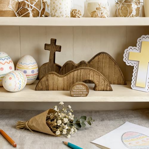 Wooden Empty Tomb Easter Decor - Religious Resurrection Scene Set with Cross