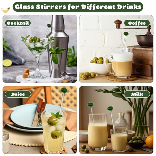 Qinyoung Martini Olive Glass Drink Stirrers - Reusable 7 Inch Cocktail & Coffee Swizzle Sticks (12 Pack)