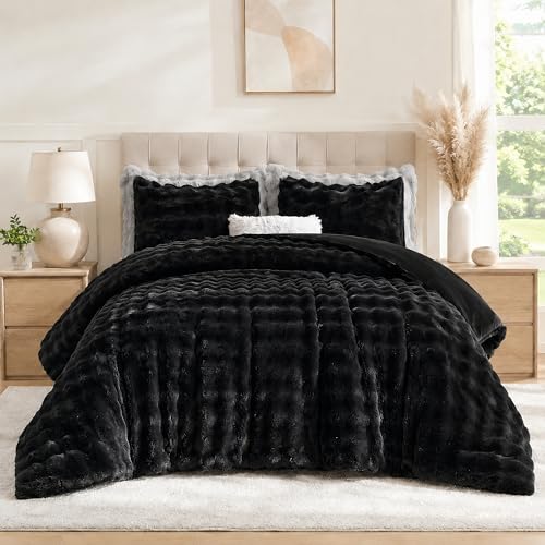 Queen Faux Fur Comforter Set - Soft Fluffy Black Bedding (3-Piece)