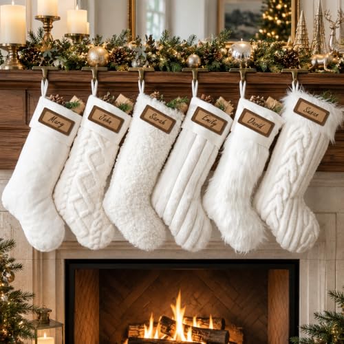 18-Inch Luxury Christmas Stockings 6-Pack - Faux Fur Textured Patterns with Name Tags