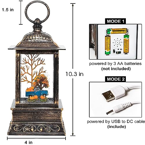Thanksgiving Snow Globe Lantern with Harvest Truck & Pumpkins