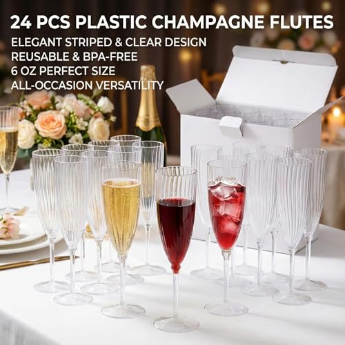 EHLOPMN 24 Pack 6oz Clear Striped Plastic Champagne Flutes – Disposable & Reusable
