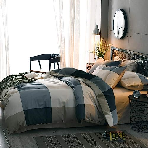 3-Piece Queen Comforter Set Fluffy Geometric Plaid Grid Bedding with Shams
