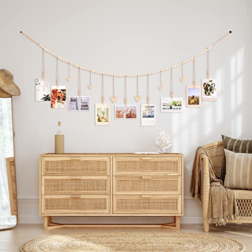 Boho Wood Bead Hanging Photo Display with 9 Clips & Heart Tags