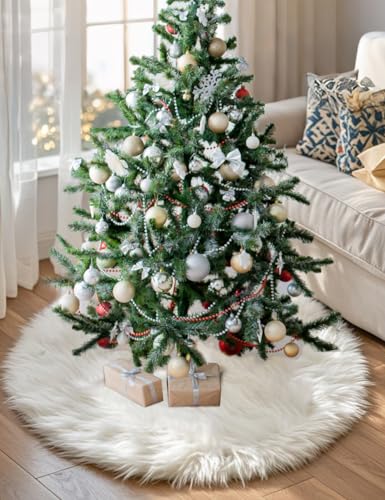 48-Inch White Faux Fur Christmas Tree Skirt - Soft Fluffy Plush Mat