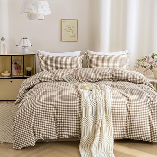 Tan Gingham Duvet Cover Set Queen - 100% Washed Cotton Brown Plaid