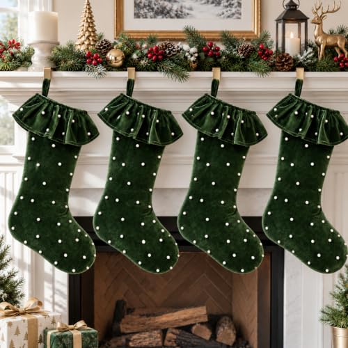 Sosation Velvet Christmas Stockings Set of 4 - Moss Green, Pearls & Ruffled Trim