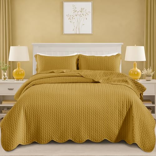 California King Embossed Quilt Bedding Set - 3 Piece Microfiber Coverlet (Ochre)