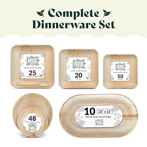 Chic Leaf Square Palm Leaf Tableware - 10" & 7", Pack of 24 - Durable Bamboo Disposable Dinnerware - Eco-Friendly Compostable Plates - Versatile Party & Elegant Dinner Table Essentials