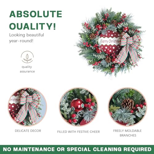 TEMPUS 22-inch Frosted Pine Wreath with Red Berries, Cones & Ribbon Bow