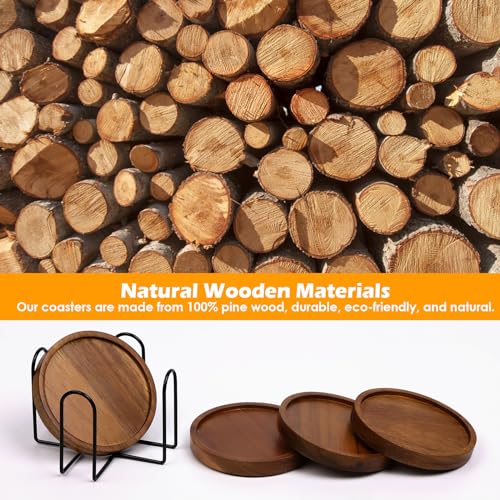 Absorbent Wood Coaster Set with Holder - 4 Piece Drink Coasters