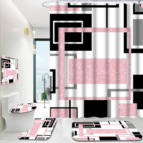 4-Piece Pink Geometric Shower Curtain Set with Non-Slip Bathroom Rugs