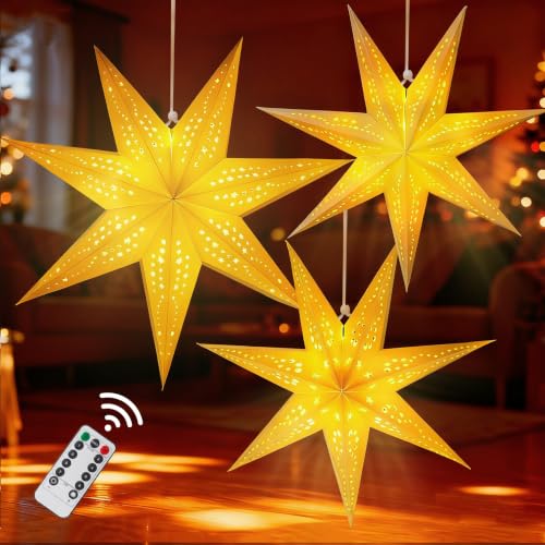 White Paper Star Lanterns with Lights – 3-Pack Indoor Christmas Decor