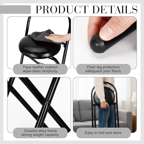 24-Inch Folding Bar Stools with Backrest, 4-Piece Set - Black Leather Padded
