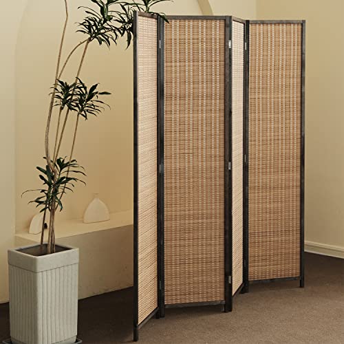 Furnnylane Brown 4-Panel Bamboo Room Divider - 5.6 ft Tall Folding Privacy Screen