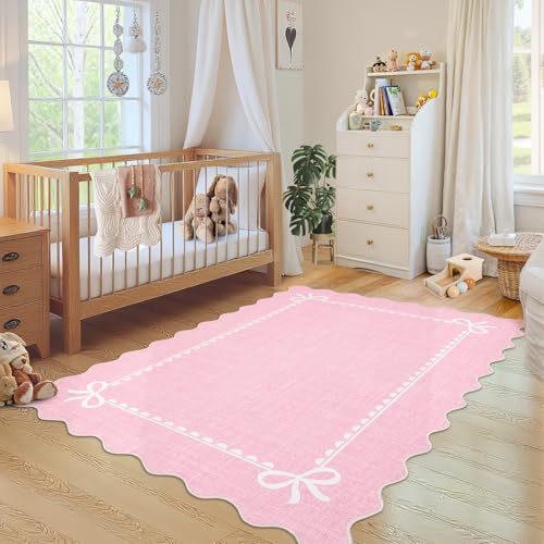 5x7 Scalloped Bow Area Rug, Washable Non-Slip Soft Pink Bedroom Carpet