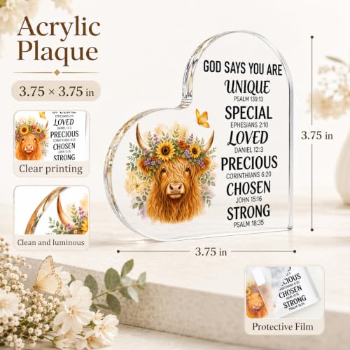 Christian Highland Cow Decor Sign for Women - Religious Gift, Rustic Farmhouse Style