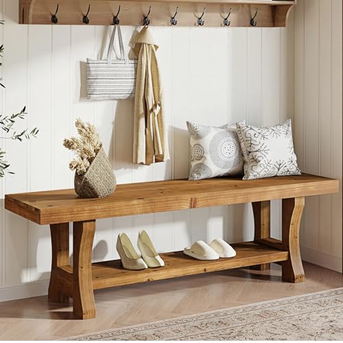 55-Inch Solid Wood Entryway Bench with Storage Shelf