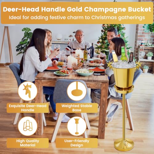 Gold 5L Ice Bucket with Stand and Deer Head Handles for Champagne & Wine
