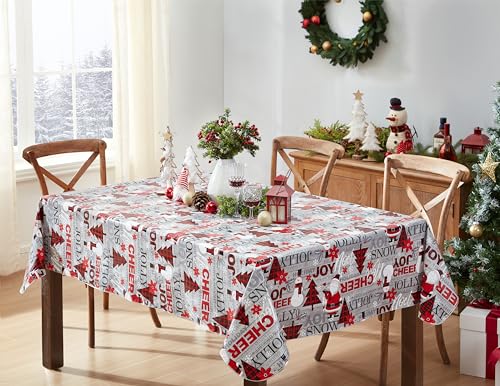 Newbridge 60 x 102 Inch Christmas Joy & Cheer Vinyl Tablecloth - Red Plaid Holiday Decor
