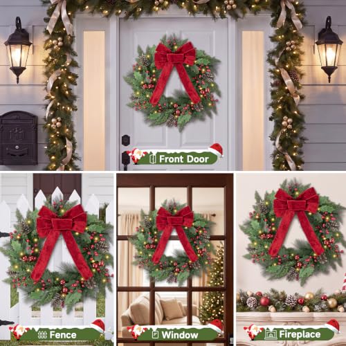 24 Inch Red LED Christmas Wreath Front Door, 50 Lights, Battery Powered