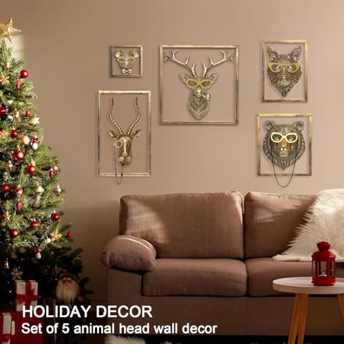 5-Piece Animal Head Wall Sculpture Set, Gold Resin Decorative Wall Mounts