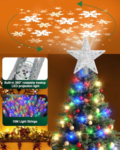 Silver Lighted Christmas Tree Topper Star with 3D Rotating LED Projector