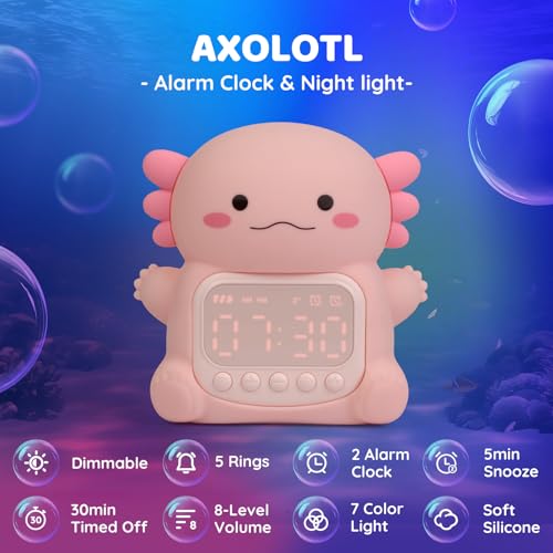 Axolotl Kids Alarm Clock with LED Night Light - Pink Bedside Clock