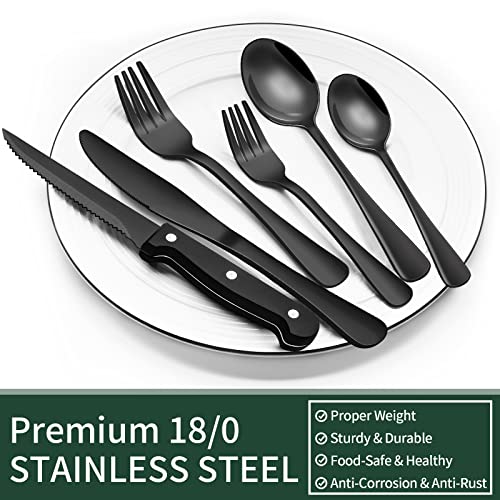 24-Piece Black Silverware Set with Steak Knives, Stainless Steel Cutlery for 4