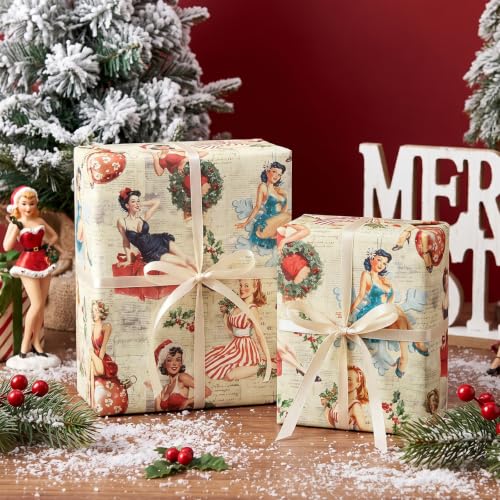 RUSPEPA Vintage Kraft Christmas Wrapping Paper Roll with Retro Pin-Up Girl - 17in x 16.4ft