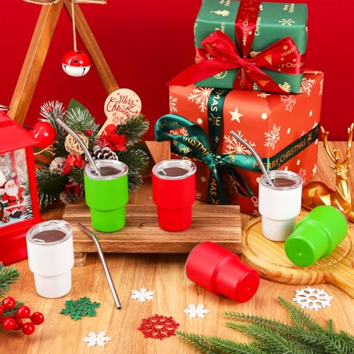 12 Pack Christmas Mini Stainless Steel Tumbler Shots with Lids & Straws